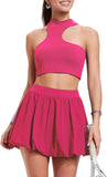 Airfree 2 Piece Sets for Women Tennis Skirt Set Mock Neck Sports Bra Irregular Crop Tank Bubble Skirt Outfits Set
