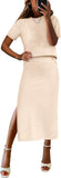 ANRABESS Womens 2 Piece Outfits Striped Sweater Skirt Sets 2025 Summer Casual Short Sleeve Pullover Tops Travel Midi Dress
