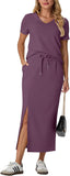 GRECERELLE Women Summer Casual 2 Piece Sets V-Neck Wrinkle-Free Top & Elastic Waist Midi Side Slit Skirt with Pockets(XS-3XL)