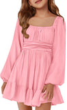 Batermoon Girls Long Sleeve Tie Back Dress Kids Fall Square Neck A-Line Mini Dresses 5-14 Years