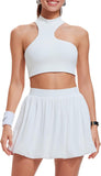 Airfree 2 Piece Sets for Women Tennis Skirt Set Mock Neck Sports Bra Irregular Crop Tank Bubble Skirt Outfits Set