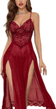 Sexy Split Mesh Lace Floral Sheer Babydoll Lingerie Outfit Dress 2 Piece with Thong Set