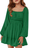 Batermoon Girls Long Sleeve Tie Back Dress Kids Fall Square Neck A-Line Mini Dresses 5-14 Years