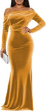 Off The Shoulder Velvet Formal Dresses Mermaid Long Sleeve Wedding Guest Dress Wrap Evening Dress
