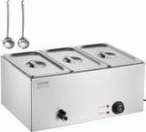 VEVOR Commercial Food Warmer, 1500W Electric Stainless Steel Steam Food Warmer with Lid, 6-Pan Fast Heating Countertop Buffet Bain Marie with Soup & Perforated Ladles, for Catering, Restaurant, Party