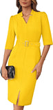 GRACE KARIN Women's Work Dress 3/4 Sleeve V Neck Bodycon Sheath Dress Zipper Up Office Business Dresses with Belt
