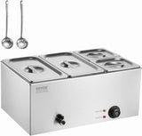VEVOR Commercial Food Warmer, 1500W Electric Stainless Steel Steam Food Warmer with Lid, 6-Pan Fast Heating Countertop Buffet Bain Marie with Soup & Perforated Ladles, for Catering, Restaurant, Party