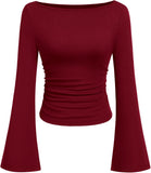 7DAY'S Women's Long Sleeve Shirts 2025 Fall Crop Going Out Tops Casual Boat Neck Bell Sleeve Ribbed Ruched Y2K Clothes