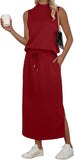 GRECERELLE Two Piece Skirt Sets for Women Summer Outfits with Pockets Lounge Sets Mock Neck Tops Split Maxi Skirt