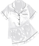 Ekouaer Womens Silk Satin Pajama Sets Soft Short Sleeve Button Down Sleepwear Top and Shorts 2 Piece Pjs Lounge Set