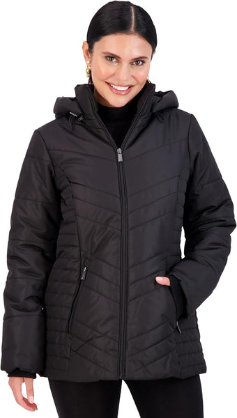 Jones NY Women's Puffer Jacket Zippered Removable Bungee Hood Womens Winter Coat