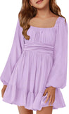 Batermoon Girls Long Sleeve Tie Back Dress Kids Fall Square Neck A-Line Mini Dresses 5-14 Years