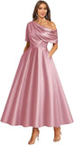 Tea Length Mother of Bride Dresses for Women Satin One Shoulder Wedding Guest Dress Formal Evening Party Gown with Pocket