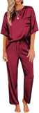 Ekouaer Womens Satin Silky Pajama Set Short Sleeve Shirt with Long Pajama Pant Set Soft PJ Loungewear