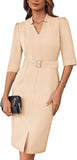 GRACE KARIN Women's Work Dress 3/4 Sleeve V Neck Bodycon Sheath Dress Zipper Up Office Business Dresses with Belt