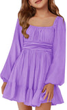 Batermoon Girls Long Sleeve Tie Back Dress Kids Fall Square Neck A-Line Mini Dresses 5-14 Years