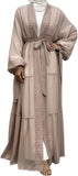 Abayas For Women Muslim Ramadan Long Sleeve Open Front Imitation Pearls Tiered Chiffon Dress Cardigan with Belt Dubai Kaftan