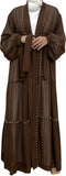 Abayas For Women Muslim Ramadan Long Sleeve Open Front Imitation Pearls Tiered Chiffon Dress Cardigan with Belt Dubai Kaftan