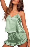 Ekouaer Satin Pajama Set for Women Silk Pjs for Women Set Camisole Top and Shorts with Ruffle Sleepwear