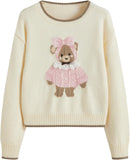 CIDER Women's Fall Sweaters Long Sleeve Cute Sweaters Bear Graphic Crewneck Soft Knit Casual Cropped Pullover