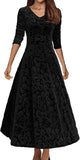 Women's Velvet Midi Dresses Floral Print Long Sleeve V Neck Formal Wedding Guest Fall Winter Dress