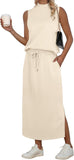 GRECERELLE Two Piece Skirt Sets for Women Summer Outfits with Pockets Lounge Sets Mock Neck Tops Split Maxi Skirt