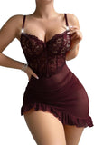 Sexy Corset Bodycon Ruffle Sheer Underwire Mesh Lace Floral Outfits Babydoll Lingerie Set Dress with Thong 2 Piece