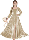 Long Sleeve Velvet Junior Bridesmaid Dresses Girls Holiday Dresses with Slit Christmas Maxi Dress Formal Party Gown