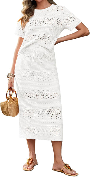 Tankaneo Womens Crochet Cover Up 2 Piece Skirt Sets Short Sleeve Knit Top Midi Skirt Vacation Travel Outfits