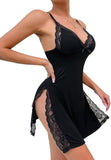 Sexy Split Side Floral Lace Trim Full Slip Night Gown Babydoll Lingerie Dress with Thong 2 piece
