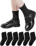 HONGTEYA 6 Pairs Girls White Ruffle Socks School Uniform Dress Socks for Kids Seamless Crew Ankle Cotton Size 2-14 Years