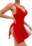 Sexy Split Side Floral Lace Trim Full Slip Night Gown Babydoll Lingerie Dress with Thong 2 piece