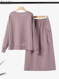 Women Spring Fall Sweatshirts Dress Sets Long Sleeve Hoodies Midi Skirt Two-Piece Set
