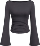7DAY'S Women's Long Sleeve Shirts 2025 Fall Crop Going Out Tops Casual Boat Neck Bell Sleeve Ribbed Ruched Y2K Clothes