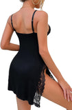 Sexy Split Side Floral Lace Trim Full Slip Night Gown Babydoll Lingerie Dress with Thong 2 piece
