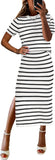 ANRABESS Womens 2 Piece Outfits Striped Sweater Skirt Sets 2025 Summer Casual Short Sleeve Pullover Tops Travel Midi Dress
