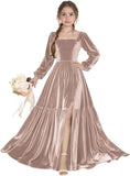 Long Sleeve Velvet Junior Bridesmaid Dresses Girls Holiday Dresses with Slit Christmas Maxi Dress Formal Party Gown