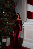 Off The Shoulder Velvet Formal Dresses Mermaid Long Sleeve Wedding Guest Dress Wrap Evening Dress