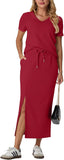 GRECERELLE Women Summer Casual 2 Piece Sets V-Neck Wrinkle-Free Top & Elastic Waist Midi Side Slit Skirt with Pockets(XS-3XL)
