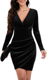 IHOT 2025 Women's Sexy V Neck Long Sleeve Velvet Bodycon Ruched Faux Wrap Cocktail Party Dress