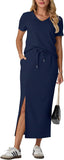 GRECERELLE Women Summer Casual 2 Piece Sets V-Neck Wrinkle-Free Top & Elastic Waist Midi Side Slit Skirt with Pockets(XS-3XL)