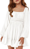 Batermoon Girls Long Sleeve Tie Back Dress Kids Fall Square Neck A-Line Mini Dresses 5-14 Years