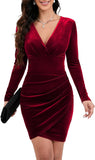IHOT 2025 Women's Sexy V Neck Long Sleeve Velvet Bodycon Ruched Faux Wrap Cocktail Party Dress