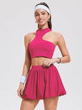 Airfree 2 Piece Sets for Women Tennis Skirt Set Mock Neck Sports Bra Irregular Crop Tank Bubble Skirt Outfits Set
