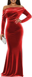Off The Shoulder Velvet Formal Dresses Mermaid Long Sleeve Wedding Guest Dress Wrap Evening Dress