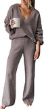 Viottiset Women's 2 Piece Outfits Casual V Neck Knit Wide Leg Sweater Lounge Set Sweatsuit