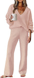 ETCYY NEW Womens 2 Piece Outfits Sweater Lounge Set Casual V Neck Knit Pajama Set Long Sleeve Top Wide Leg Pants Loungewear