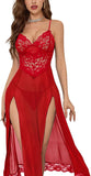 Sexy Split Mesh Lace Floral Sheer Babydoll Lingerie Outfit Dress 2 Piece with Thong Set
