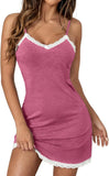 Vrtige Women's Sexy Lace Strap Babydoll Chemise Nightgown Lingerie V Neck Full Slip Nightdress