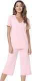 NACHILA Women’s Pajamas-Viscose Made from Bamboo, Short Sleeve Pjs Top with Capri Pajama Sets for Women Cool V Neck Sleepwear